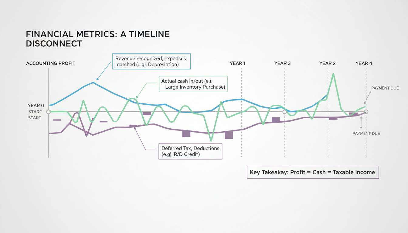 cash flow tax planning - professional minimalist infographic comparing 'Accounting Profit' vs 'Cash Flow' vs 'Tax Liability' showing how they disconnect over time