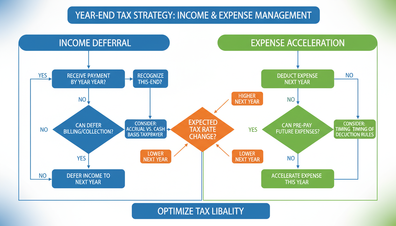 cash flow tax planning - detailed flowchart showing the decision process for 'Income Deferral' and 'Expense Acceleration' at year-end