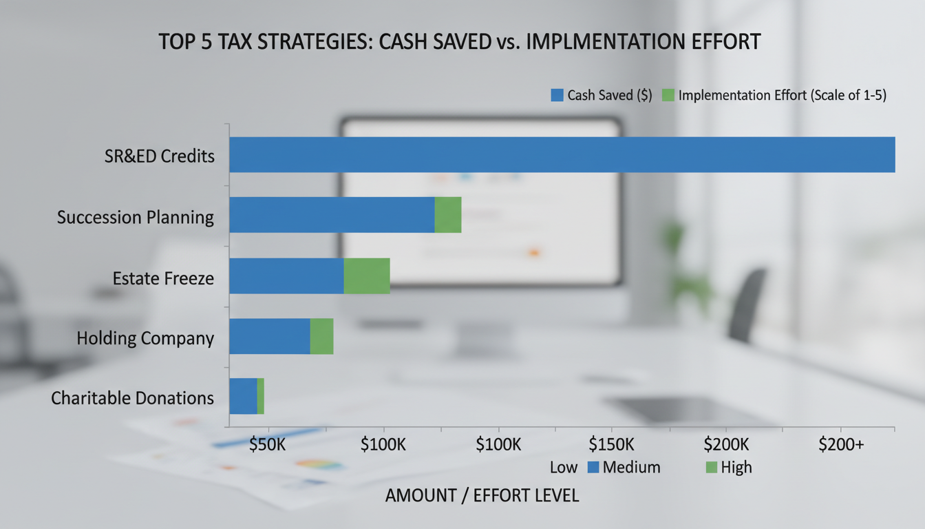 cash flow tax planning - bar graph comparing 'Cash Saved' vs 'Implementation Effort' for the top 5 tax strategies