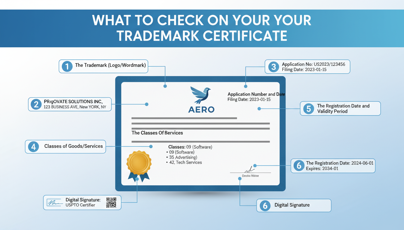 Trademark Certificate Download - High-quality infographic titled 'What to Check on Your Trademark Certificate'. It should highlight key areas on a sample certificate: 1. The Trademark (Logo/Wordmark), 2. The Proprietor's Name and Address, 3. The Application Number and Date, 4. The Classes of Goods/Services, 5. The Registration Date and Validity Period, 6. The Digital Signature.