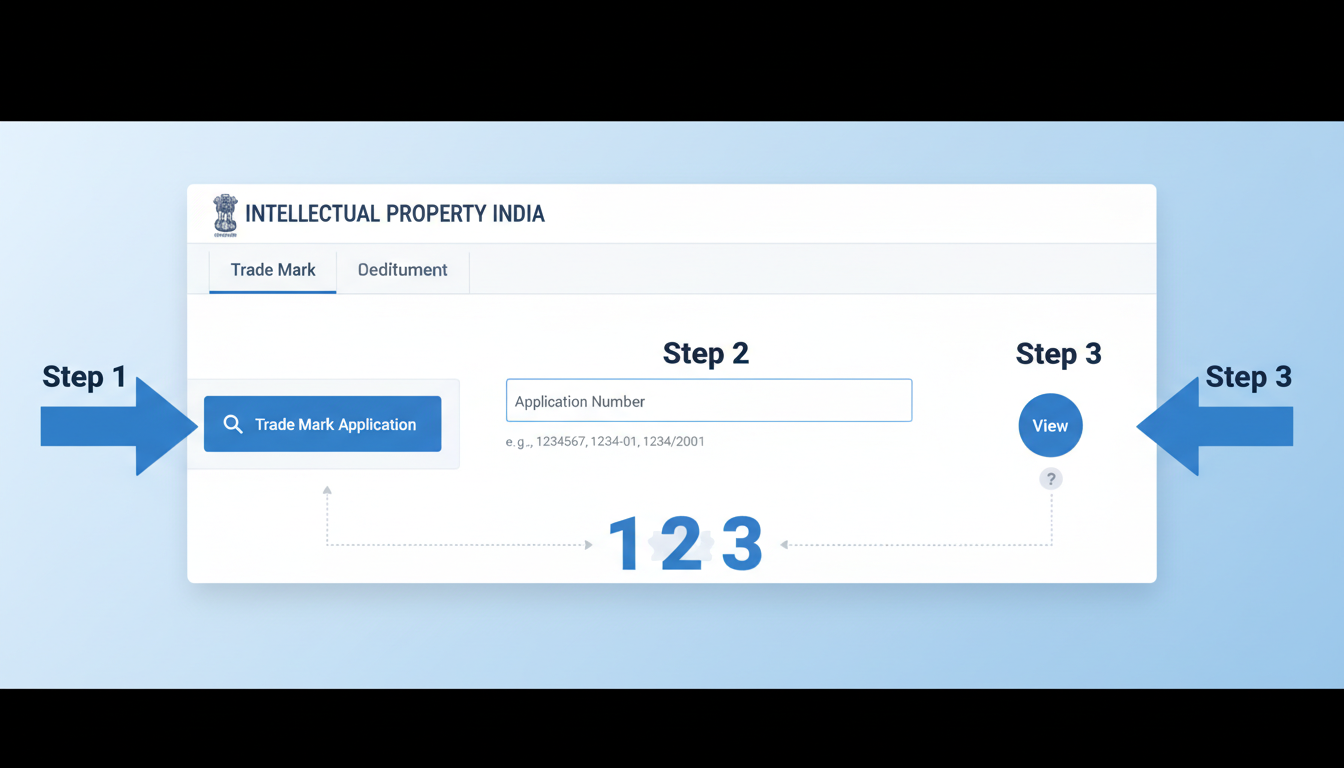 Trademark Certificate Download - Step-by-step diagram showing the IP India portal interface. Step 1 points to the 'Trade Mark Application' button. Step 2 points to the 'Application Number' field. Step 3 points to the 'View' button.