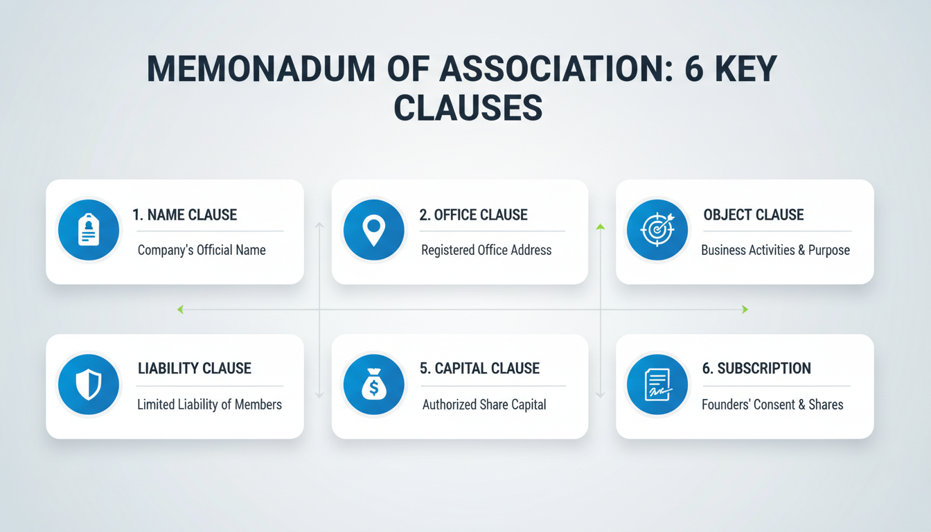 MOA Full Form - A clean, modern infographic visually breaking down the 6 clauses of the MOA. Each clause has a simple icon: a name tag for Name Clause, a map pin for Office Clause, a target for Object Clause, a shield for Liability Clause, a money bag for Capital Clause, and a signature for Subscription Clause.