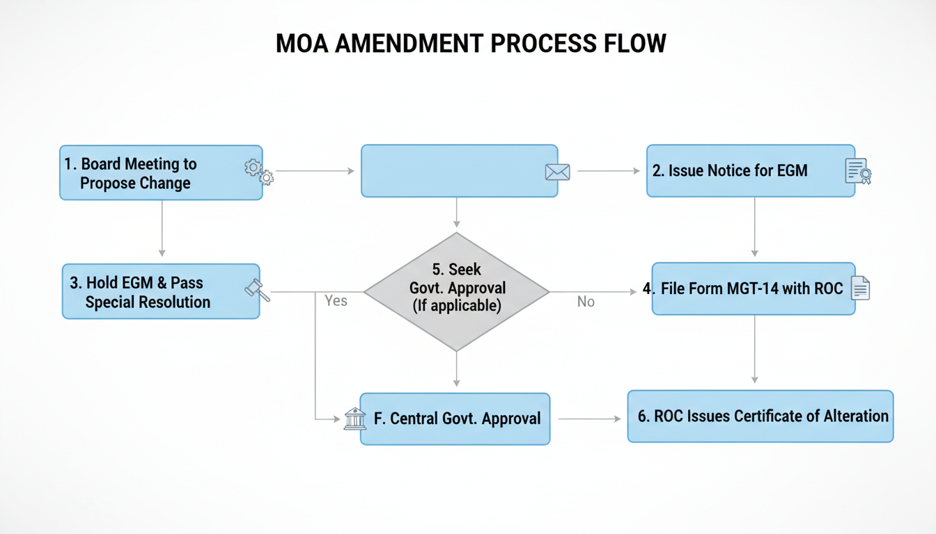 MOA Full Form - A professional minimalist flowchart showing the workflow of the MOA amendment process. Steps: 1. Board Meeting to Propose Change -> 2. Issue Notice for EGM -> 3. Hold EGM & Pass Special Resolution -> 4. File Form MGT-14 with ROC -> 5. (If applicable) Seek Central Govt. Approval -> 6. ROC Issues Certificate of Alteration.