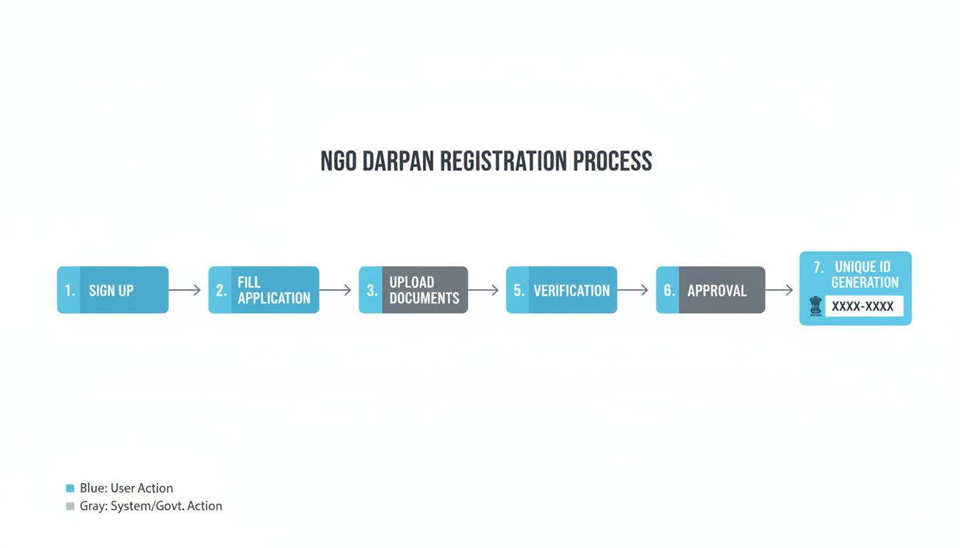 NGO Darpan Portal - A clean, minimalist flowchart illustrating the 7-step NGO Darpan registration process, from 'Sign Up' to 'Unique ID Generation'.