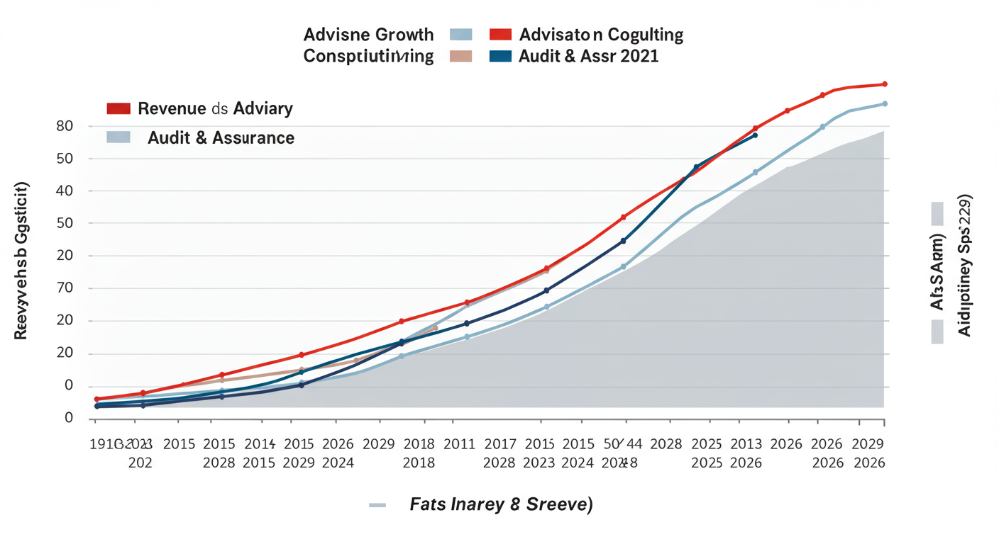 Big Four companies in India - Data trend graph showing the revenue growth of 'Advisory & Consulting' vs. 'Audit & Assurance' for the Big Four from 2016 to 2026. The advisory line shows a much steeper upward curve, crossing over the audit line around 2021.
