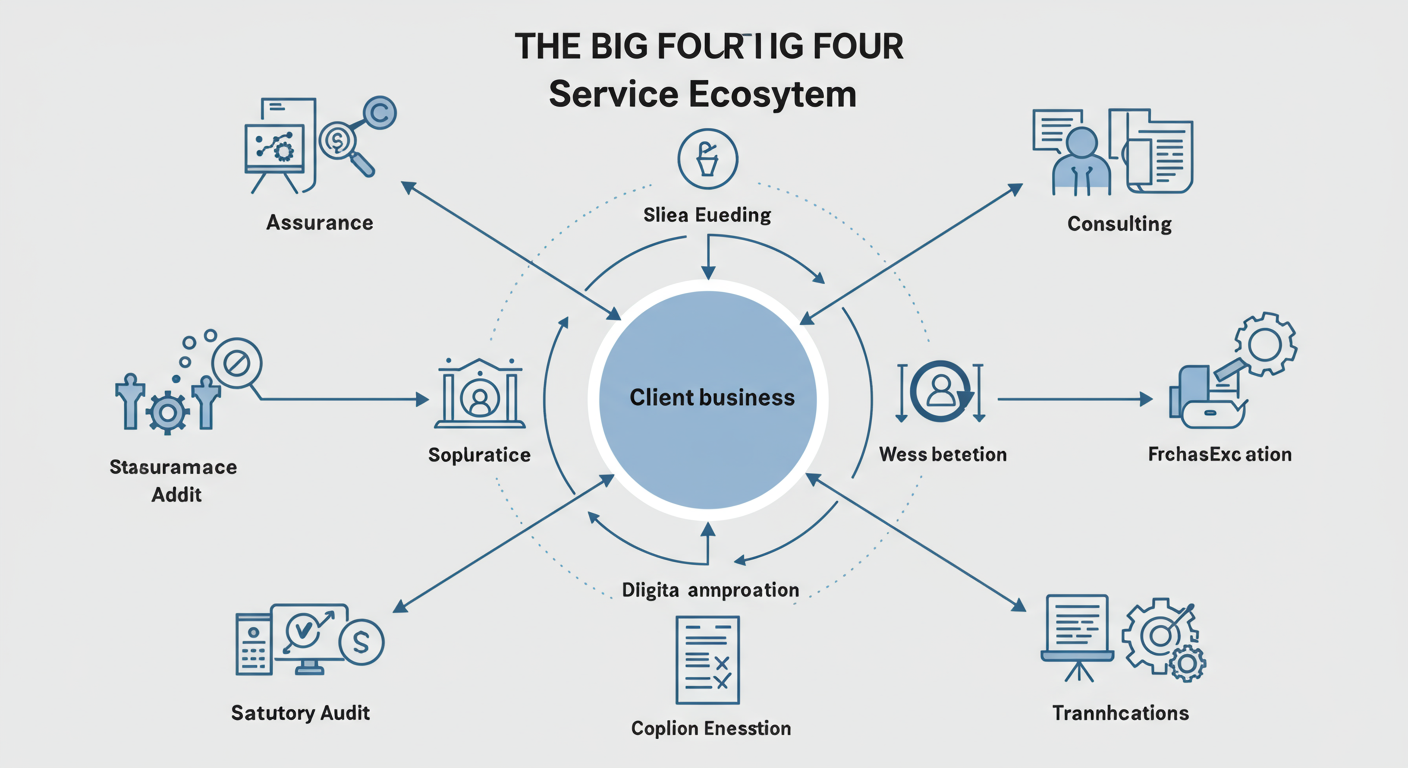 Big Four companies in India - Detailed educational infographic titled 'The Big Four Service Ecosystem'. It shows a central hub 'Client Business' surrounded by four main quadrants: Assurance, Consulting, Tax, and Transactions. Each quadrant has 3-4 specific service examples with icons, e.g., 'Statutory Audit' for Assurance, 'Digital Transformation' for Consulting.