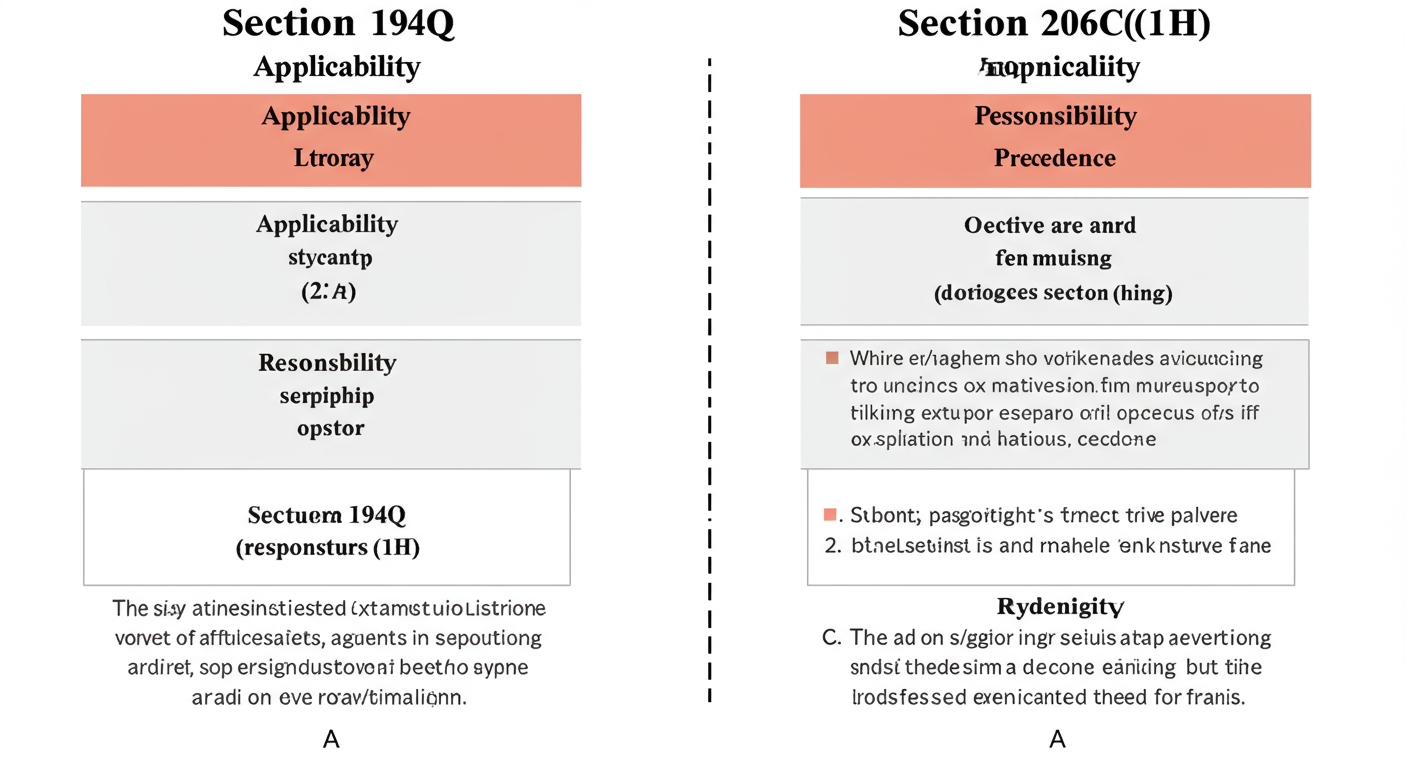 Section 194Q Explained - A side-by-side comparison chart graphic contrasting Section 194Q and Section 206C(1H), highlighting key differences in applicability, responsibility, and precedence.