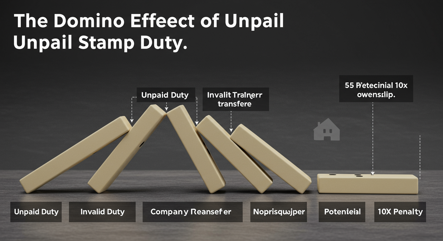 stamp duty on transfer of shares - A dramatic infographic titled "The Domino Effect of Unpaid Stamp Duty". It shows a series of falling dominoes labeled: 1. Unpaid Duty, 2. Invalid Transfer Deed, 3. Company Rejects Transfer, 4. No Legal Ownership, 5. Potential 10x Penalty.