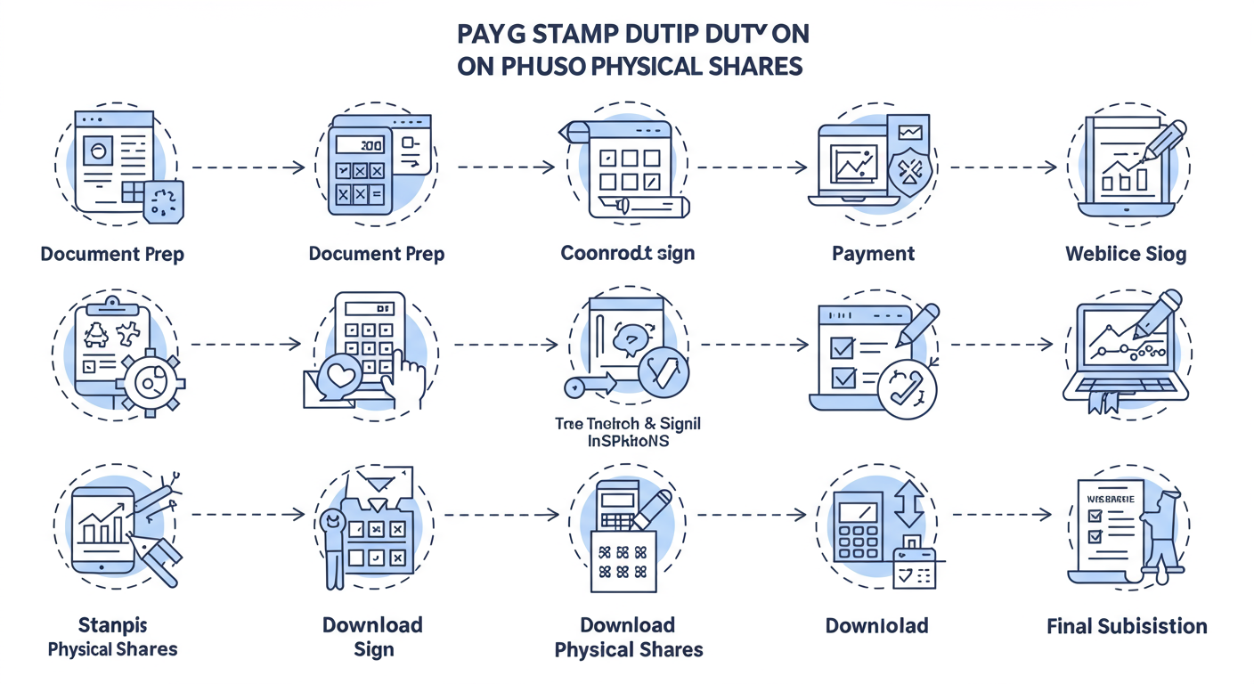 stamp duty on transfer of shares - Professional minimalist flowchart showing the 8-step workflow for paying stamp duty on physical shares, with icons for each step: document prep, calculator, website, payment, download, attach & sign, and final submission.