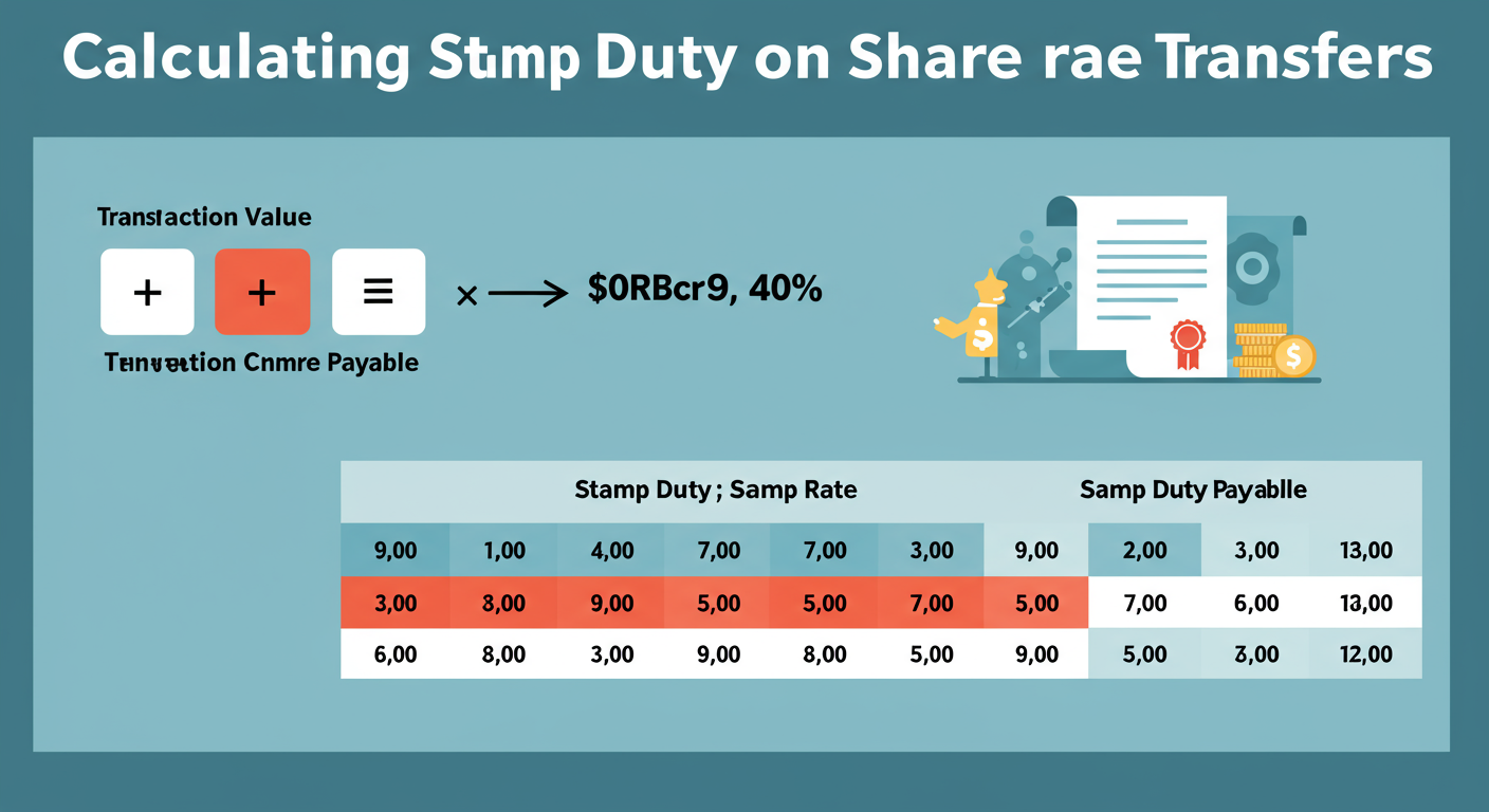 stamp duty on transfer of shares - Educational infographic with a clean, modern design. Title: "Calculating Stamp Duty on Share Transfers". It shows a simple formula: [Box with "Transaction Value"