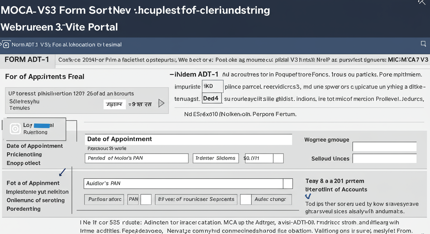 Form ADT-1 Filing - Detailed educational infographic showing a mock-up of the Form ADT-1 web form on the MCA V3 portal, with callout boxes highlighting key fields like 'Date of Appointment', 'Auditor's PAN', and 'Period of Accounts'.