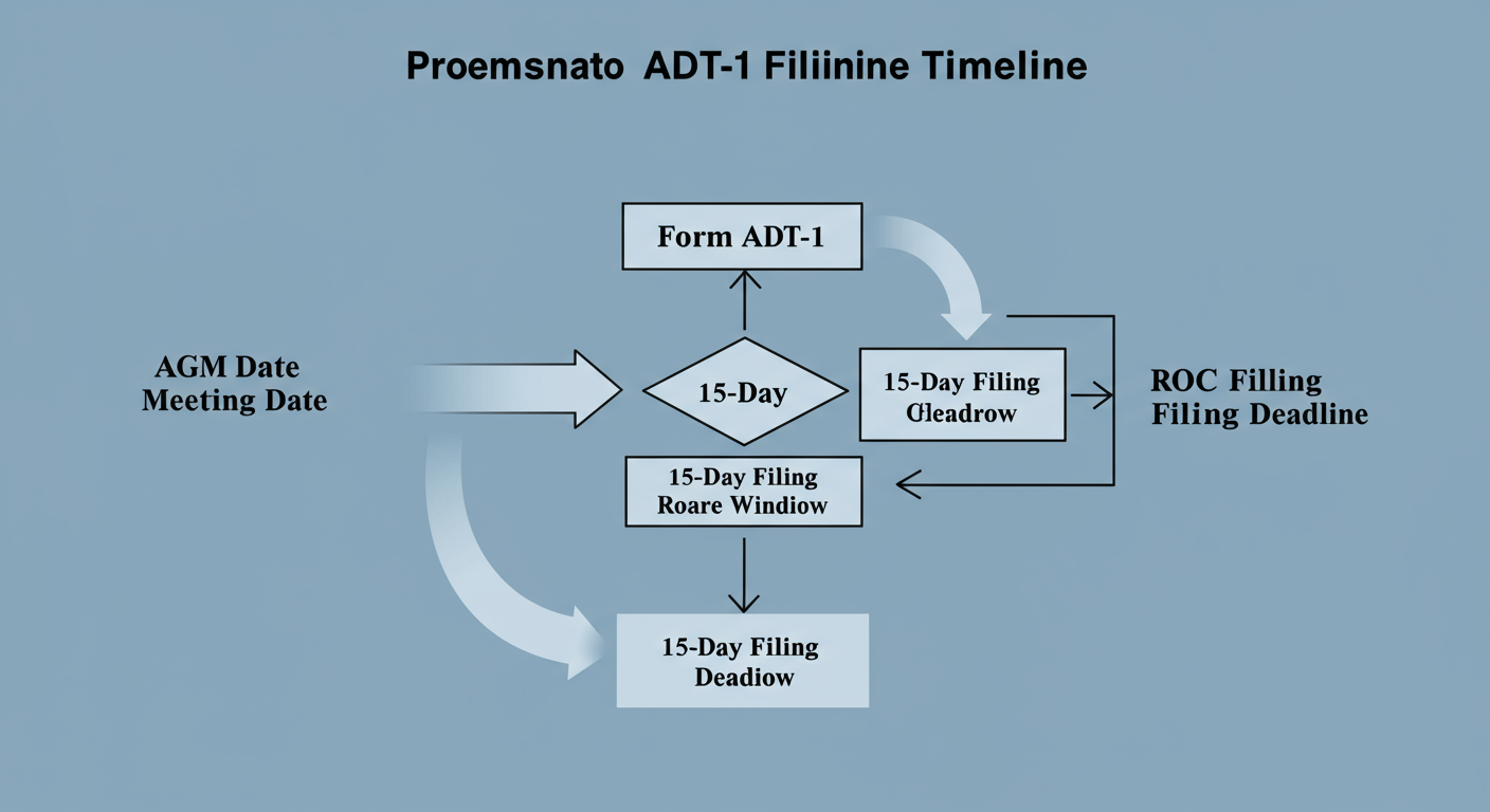 Form ADT-1 Filing - Professional minimalist flowchart showing the Form ADT-1 filing timeline. Start with 'AGM Date' or 'Board Meeting Date', an arrow pointing to a '15-Day Filing Window', and ending with 'ROC Filing Deadline'.