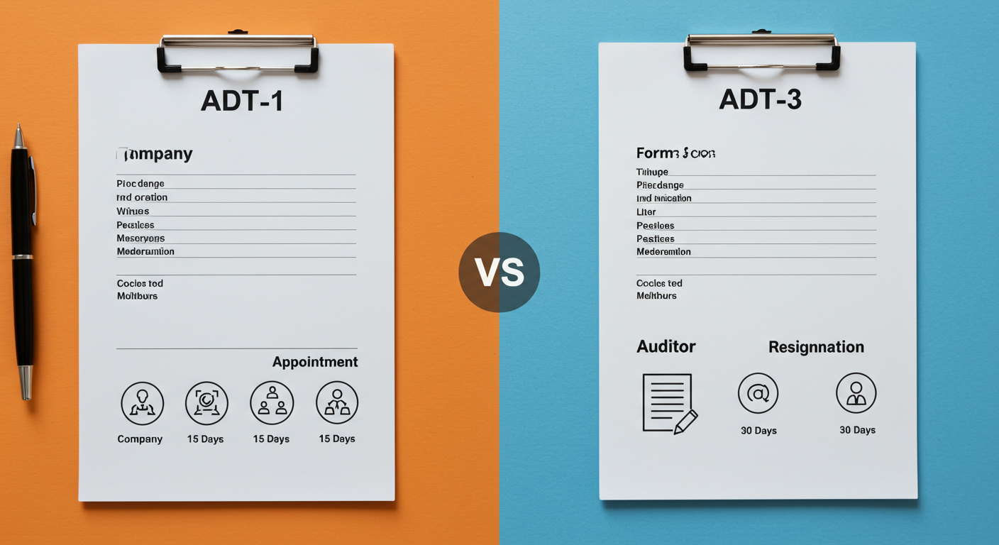 Form ADT-1 Filing - A high-quality graphic comparing Form ADT-1 vs. ADT-3. Left side shows ADT-1 with icons for 'Company', 'Appointment', '15 Days'. Right side shows ADT-3 with icons for 'Auditor', 'Resignation', '30 Days'.