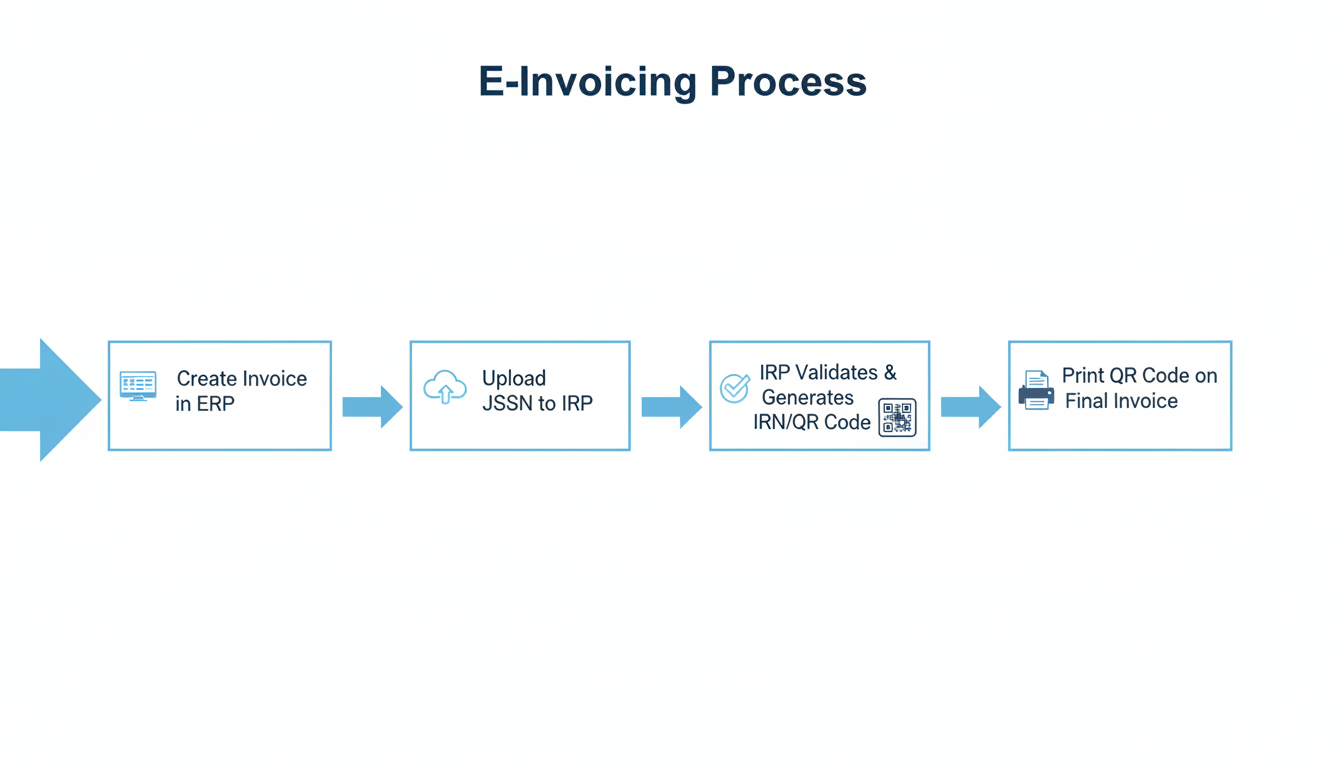 GST invoice format mandatory fields - A simple, clean flowchart diagram illustrating the 4-step e-invoicing process: 1. Create Invoice in ERP -> 2. Upload JSON to IRP -> 3. IRP Validates & Generates IRN/QR Code -> 4. Print QR Code on Final Invoice.