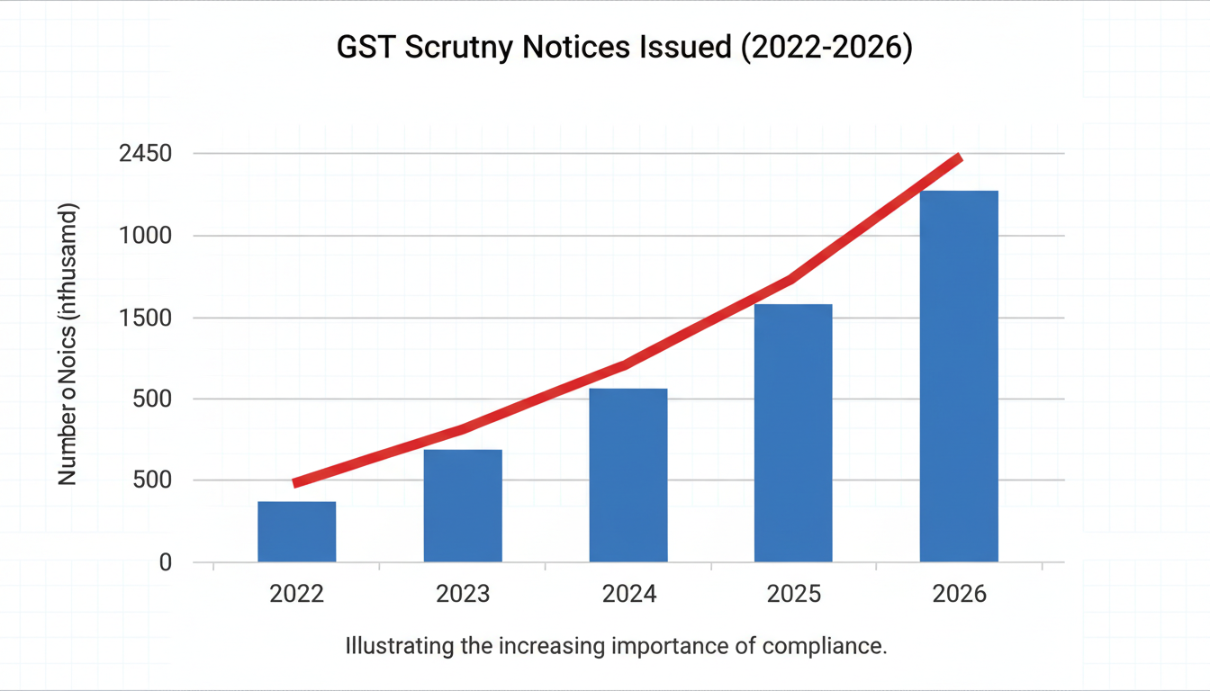GST invoice format mandatory fields - A data trend graph with a rising line, titled 'GST Scrutiny Notices Issued (2022-2026)'. The Y-axis shows 'Number of Notices (in thousands)' and the X-axis shows the years, illustrating the increasing importance of compliance.