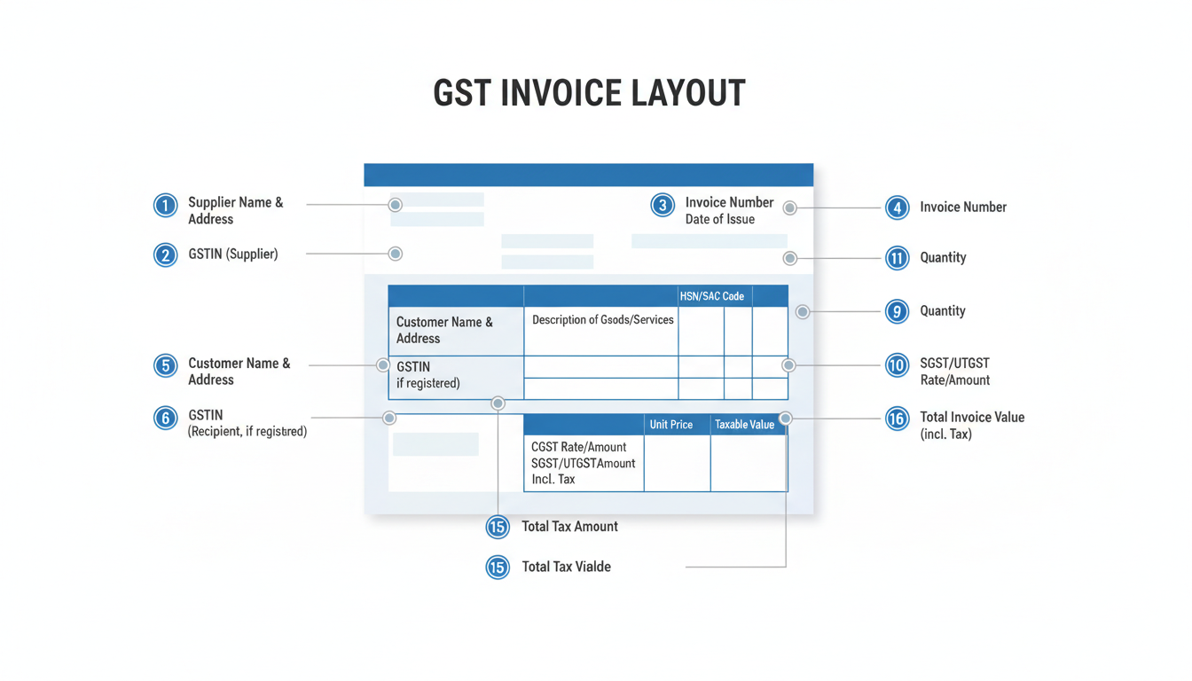 GST invoice format mandatory fields - A clean, professional infographic showing a sample GST invoice layout. Each of the 16 mandatory fields is clearly labeled with a number and a short description, pointing to its location on the invoice.
