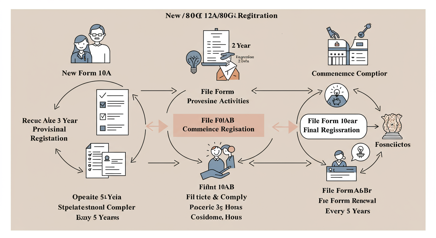 12A 80G registration process - Professional minimalist flowchart showing the new 12A/80G registration lifecycle: New NGO -> File Form 10A -> Receive 3-Year Provisional Registration -> Commence Activities -> File Form 10AB -> Receive 5-Year Final Registration -> Operate & Comply -> File Form 10AB for Renewal every 5 years.