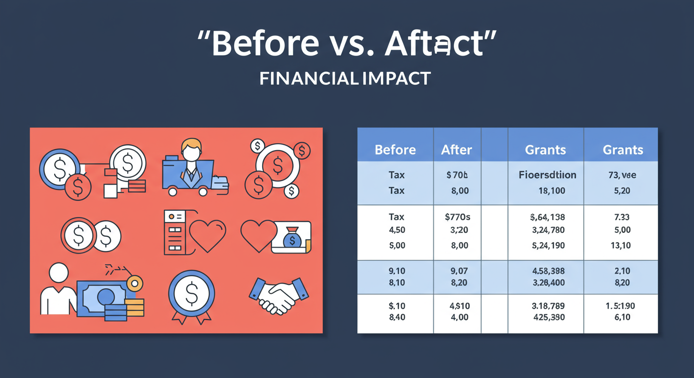 12A 80G registration process - A high-quality graphic of a comparison table showing the 'Before vs. After' financial impact on an NGO, with strong visual icons for 'Tax,' 'Donors,' and 'Grants'.