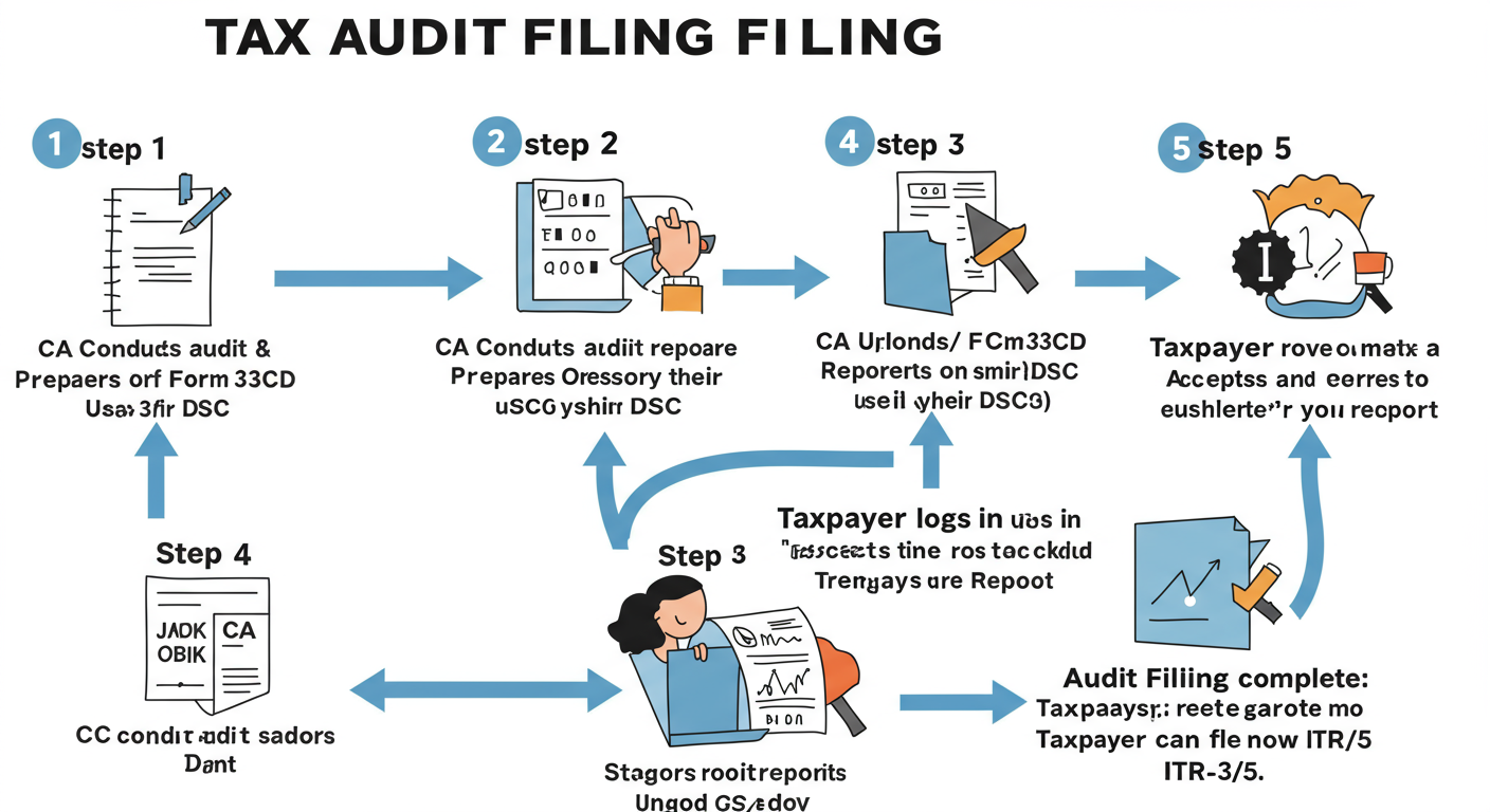 Tax Audit Requirements in India (2026): Is Your Business Compliant? 3 tax audit requirements India - simple process diagram showing the tax audit filing workflow. Step 1: "Client provides data to CA". Step 2: "CA conducts audit & prepares Form 3CB/3CD". Step 3: "CA uploads report to IT Portal using their DSC". Step 4: "Taxpayer logs in and 'Accepts' the uploaded report". Step 5: "Audit filing complete. Taxpayer can now file ITR-3/5.".