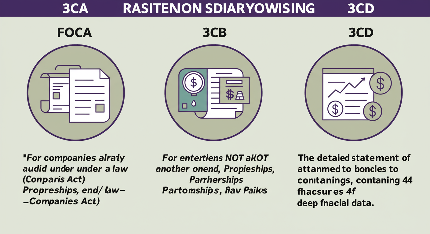 Tax Audit Requirements in India (2026): Is Your Business Compliant? 2 tax audit requirements India - high-quality graphic comparing Form 3CA, 3CB, and 3CD. Use icons and brief text. 3CA: "For companies already audited under another law (e.g., Companies Act)". 3CB: "For entities NOT audited under another law (e.g., Proprietorships, Partnerships)". 3CD: "The detailed statement of particulars attached to both 3CA/3CB, containing 44 clauses of deep financial data.".