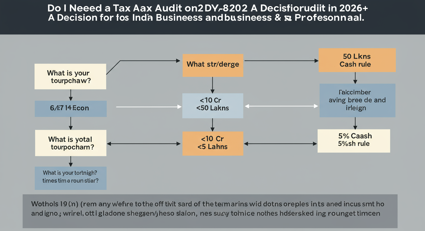 Tax Audit Requirements in India (2026): Is Your Business Compliant? 1 tax audit requirements India - professional minimalist flowchart titled "Do I Need a Tax Audit in 2026? A Decision Flowchart for Indian Businesses & Professionals". The chart should start with "What is your total turnover?" and branch out based on the limits (₹1 Cr, ₹10 Cr, ₹50 Lakhs) and the 5% cash rule.