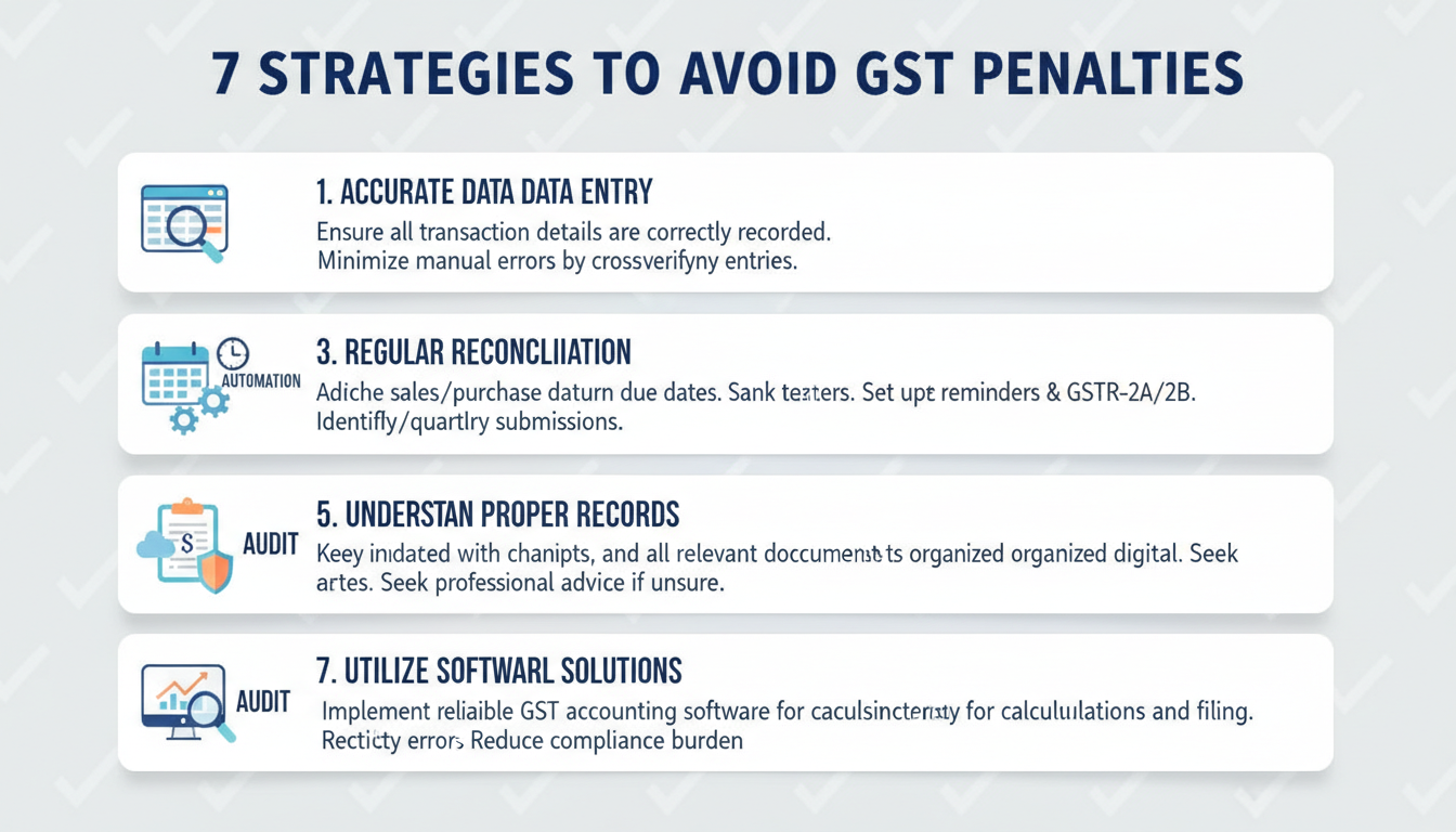 gst penalty interest - visual checklist of 7 strategies to avoid GST penalties with icons for calendar automation and audit