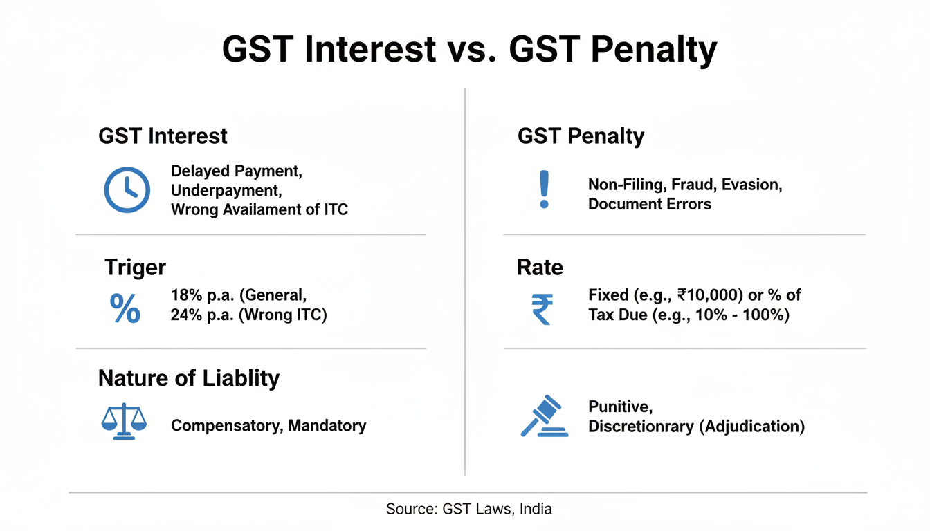 gst penalty interest - professional minimalist infographic comparing GST Interest vs GST Penalty showing triggers rates and nature of liability
