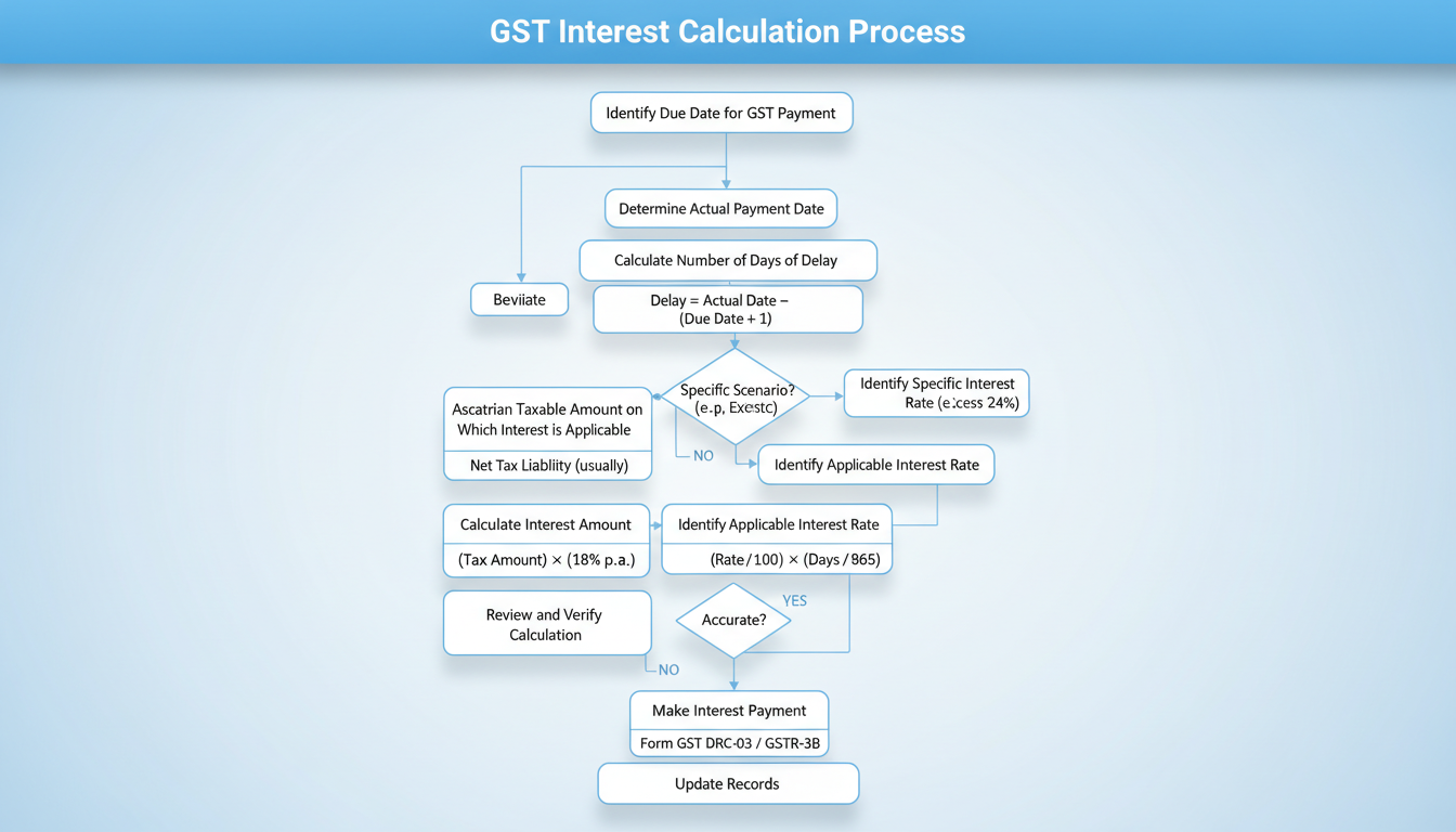 gst penalty interest - step-by-step flowchart showing the process of calculating GST interest starting from due date identification to final amount