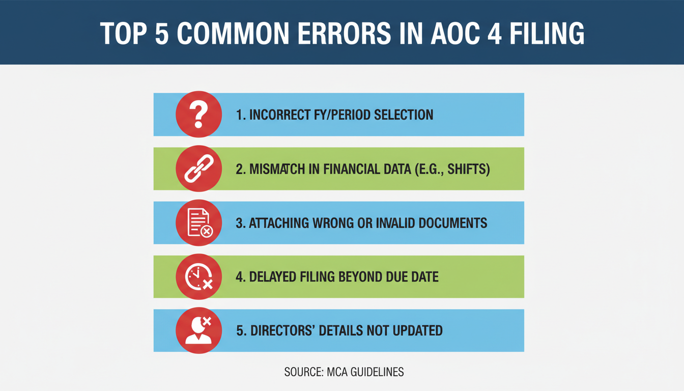 Master AOC 4 Filing: The Ultimate 7-Step Guide (2026 Edition) 3 AOC 4 Filing - infographic highlighting the top 5 common errors in AOC 4 filing with visual icons