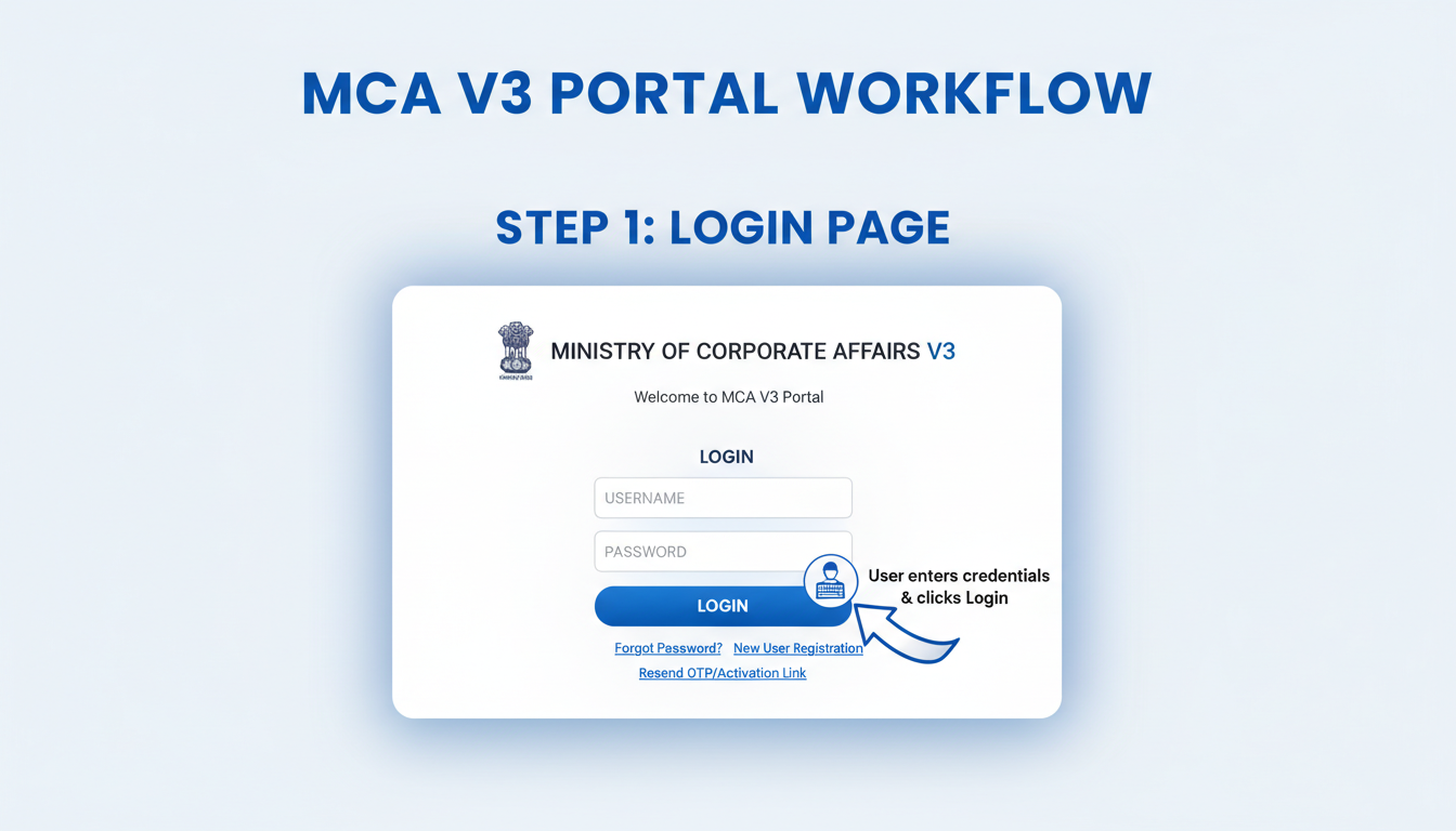 Master AOC 4 Filing: The Ultimate 7-Step Guide (2026 Edition) 2 AOC 4 Filing - step-by-step diagram showing the MCA V3 portal interface workflow from login to SRN generation