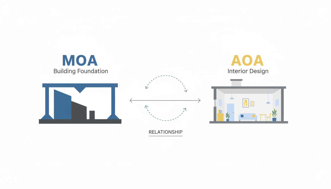 MOA vs AOA: 10 Critical Differences for Company Registration (2026 Guide) 1 moa and aoa difference - professional minimalist infographic showing a building foundation labeled MOA and the interior design labeled AOA to illustrate the relationship