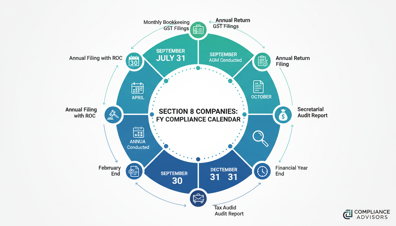 Section 8 of Companies Act 2013 - visual calendar graphic highlighting key compliance dates for Section 8 companies in a fiscal year