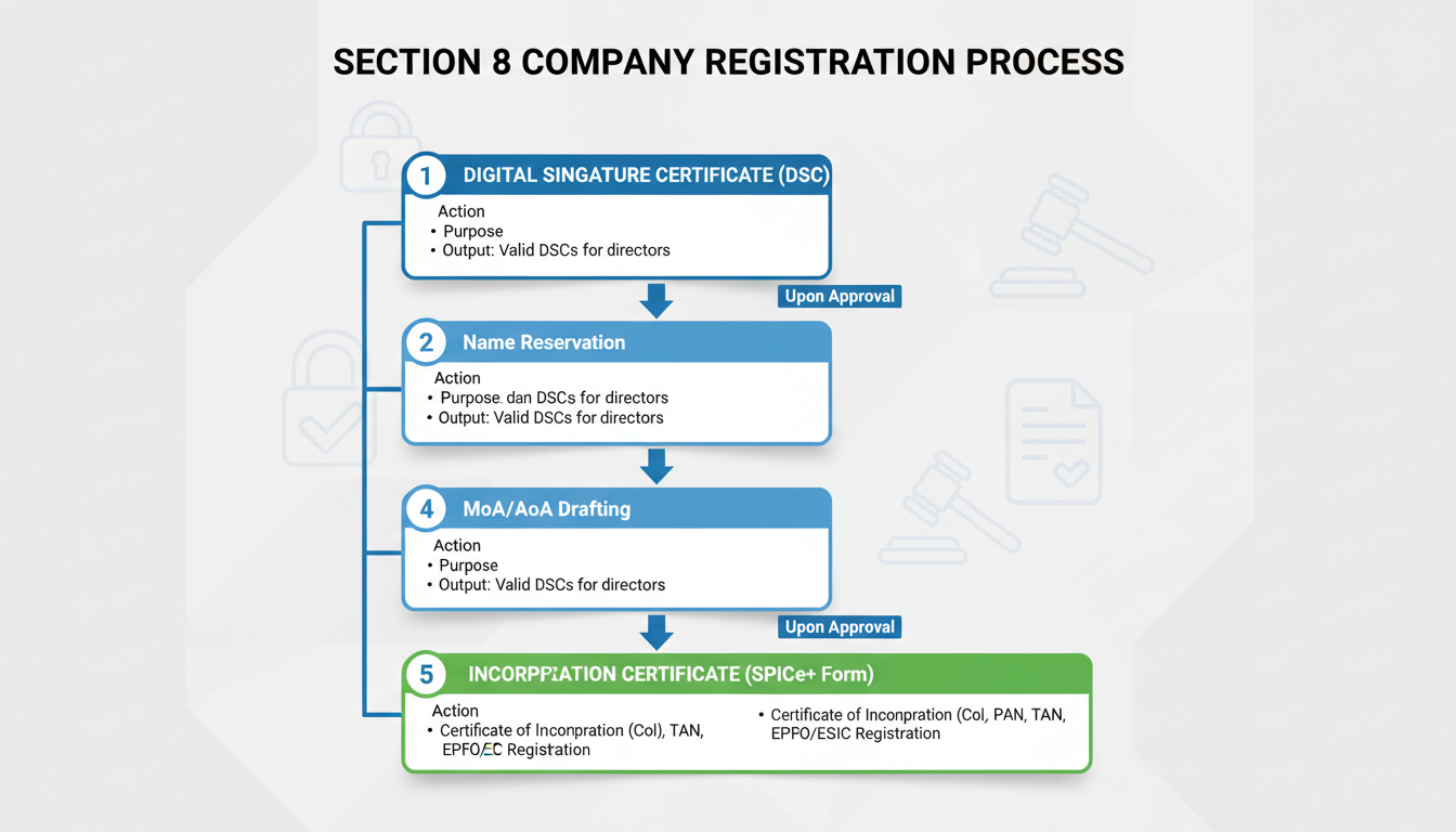 Section 8 of Companies Act 2013 - detailed step-by-step process flowchart for Section 8 registration: 1. DSC -> 2. Name Reservation -> 3. MoA/AoA Drafting -> 4. License Application -> 5. Incorporation Certificate