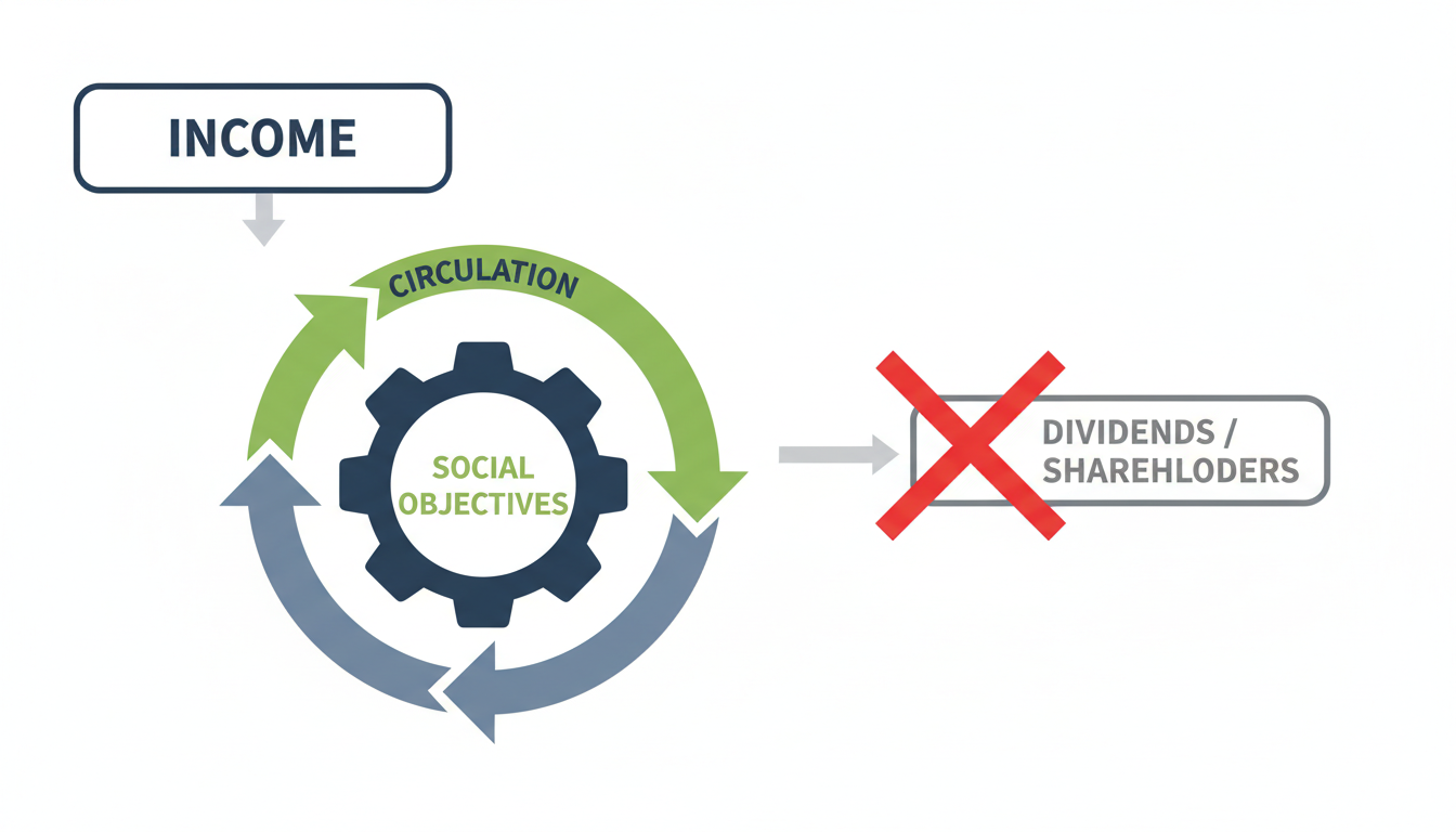 Section 8 of Companies Act 2013 - professional minimalist infographic showing the flow of money in a Section 8 company: Income enters, circulates back into 'Social Objectives', with a red 'X' blocking path to 'Dividends/Shareholders'