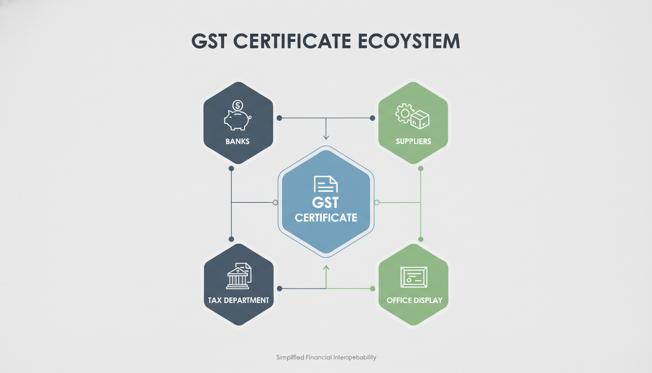 how to download GST certificate - professional minimalist infographic showing the ecosystem of the GST Certificate: connecting the document to Banks, Suppliers, Tax Department, and Office Display