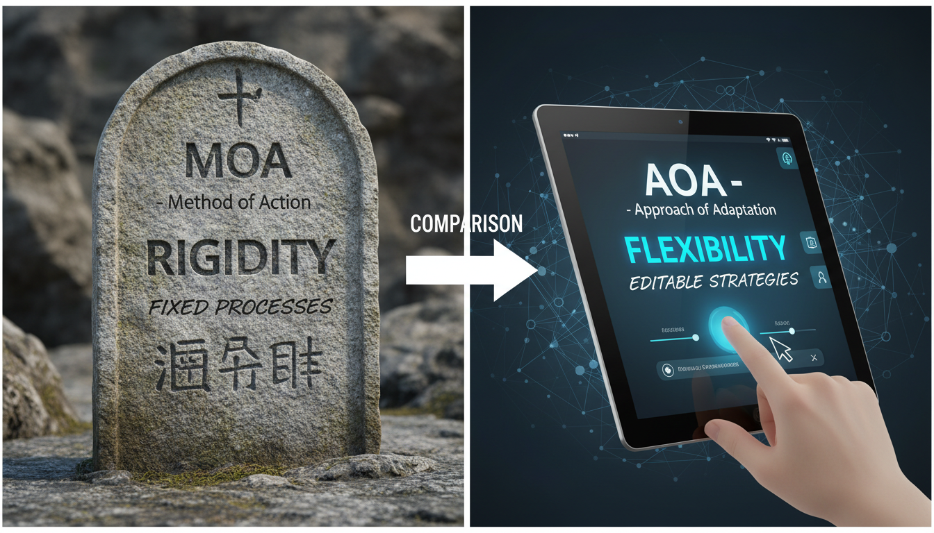 MOA vs. AOA: 7 Critical Differences for Business Owners (2026 Guide) 2 difference between MOA and AOA - split screen comparison graphic showing MOA as a stone tablet and AOA as a digital tablet with editable text representing rigidity vs flexibility