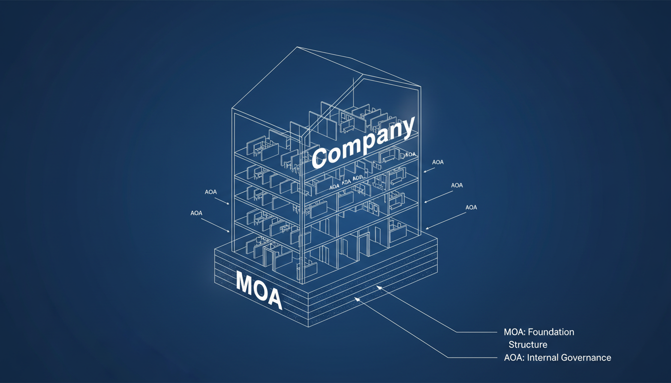 MOA vs. AOA: 7 Critical Differences for Business Owners (2026 Guide) 1 difference between MOA and AOA - detailed infographic illustration showing a building foundation labeled MOA supporting a structure labeled Company with AOA as the interior walls