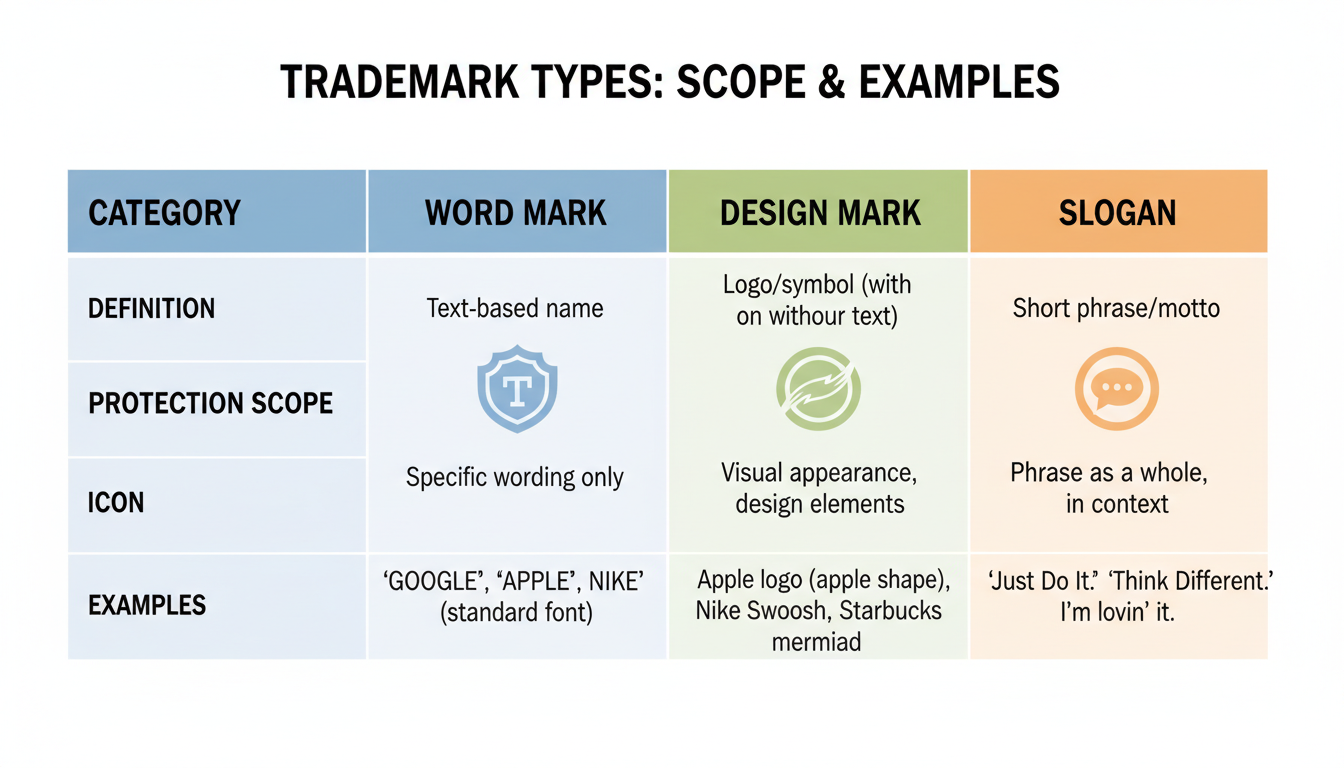 25+ Inspiring Trademark Examples: The Ultimate Brand Protection Guide (2026) 1 trademark examples - professional comparison table graphic showing Word Marks vs Design Marks vs Slogans with icons representing protection scope and examples