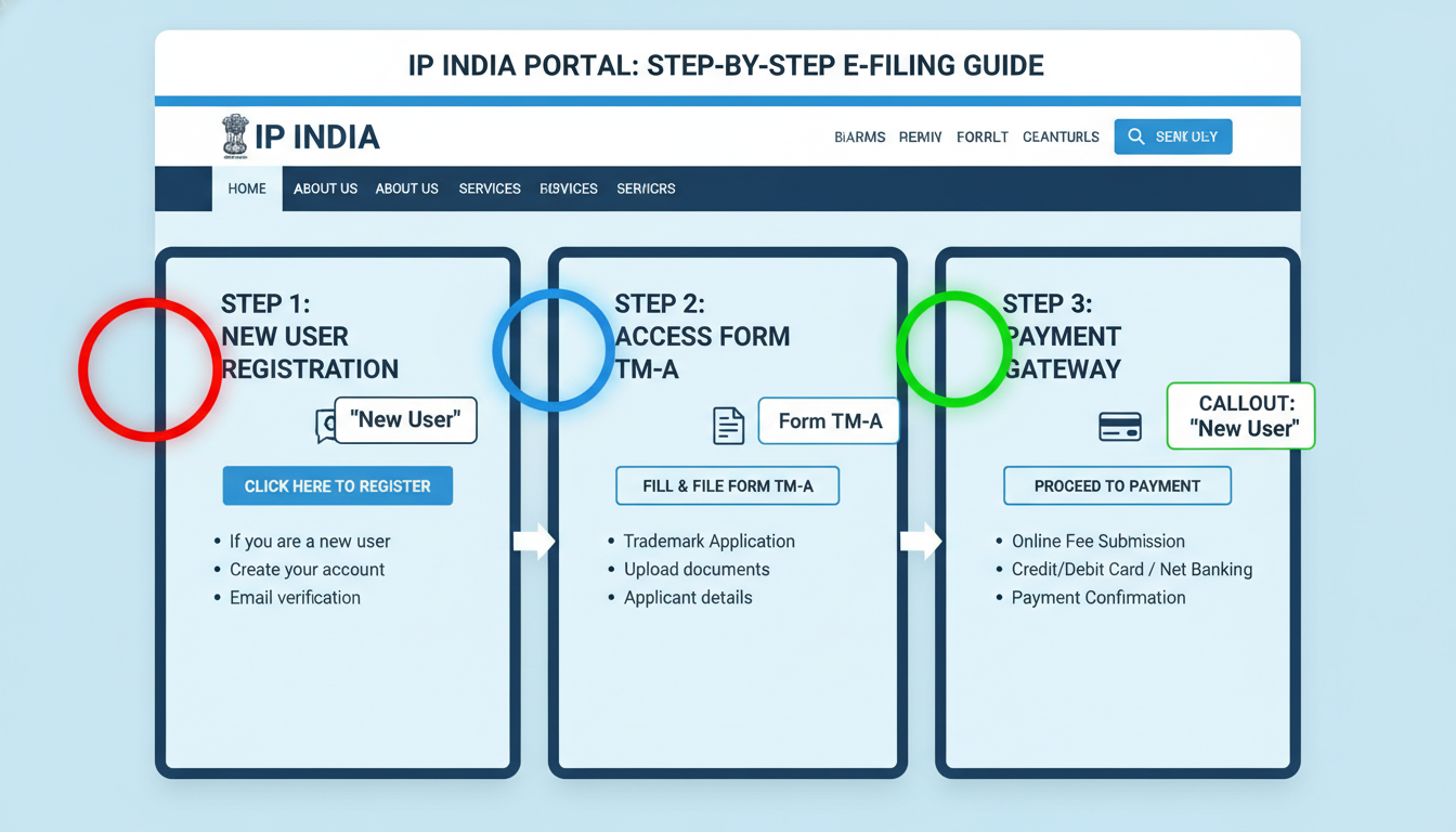 e register trademark - step-by-step diagram showing the interface of the IP India portal with callouts for 'New User', 'Form TM-A', and 'Payment Gateway'