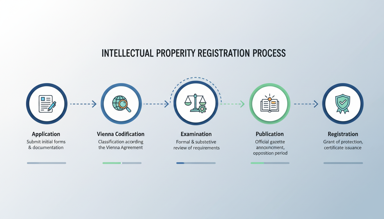 e register trademark - detailed timeline infographic showing the stages: Application -> Vienna Codification -> Examination -> Publication -> Registration