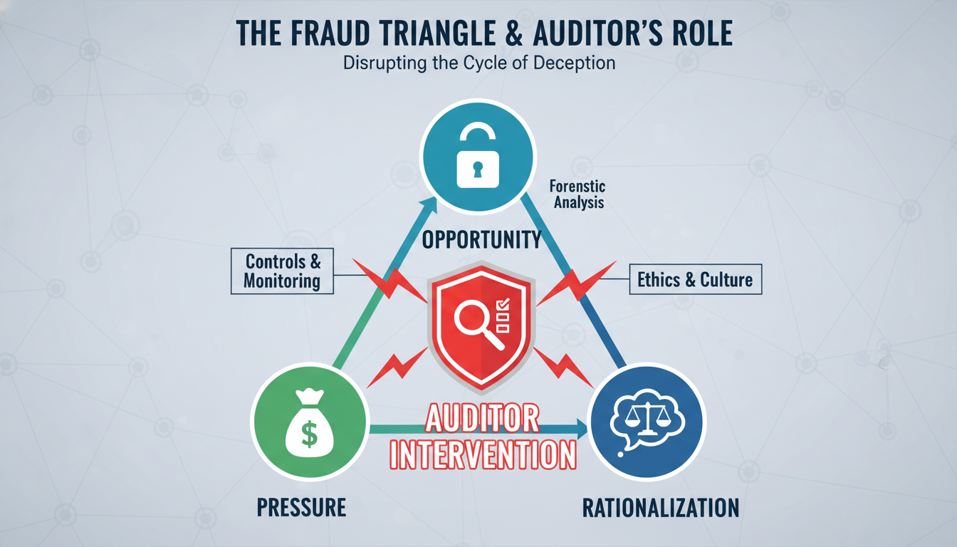 duties of an auditor - detailed infographic showing the 'Fraud Triangle' - Opportunity, Pressure, and Rationalization - and how auditors interrupt this cycle