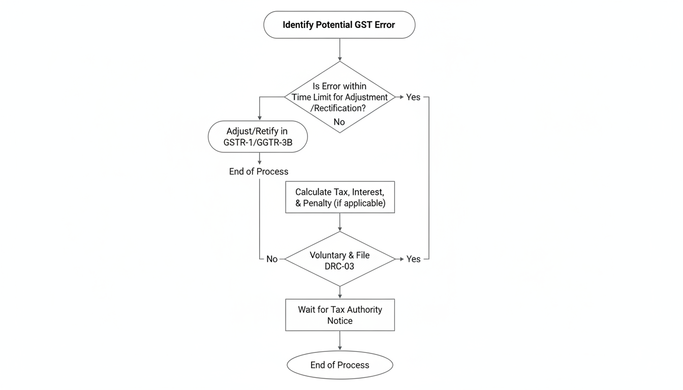 DRC 03 - professional minimalist flowchart showing the workflow of identifying a GST error and deciding to file DRC 03