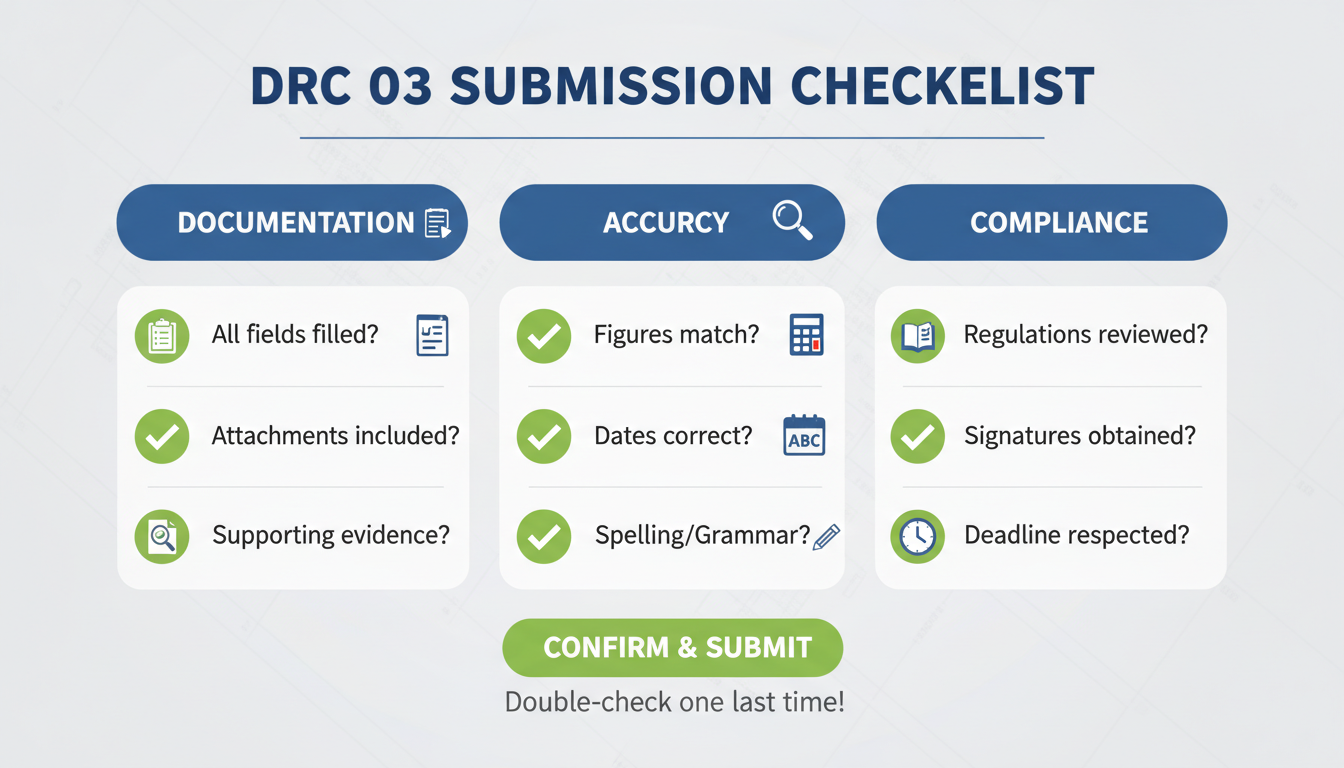 DRC 03 - visual checklist graphic of things to double-check before clicking submit on DRC 03