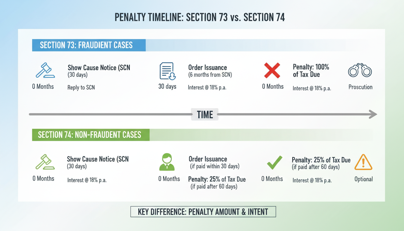 DRC 03 - detailed infographic comparing the timeline of penalties under Section 73 versus Section 74