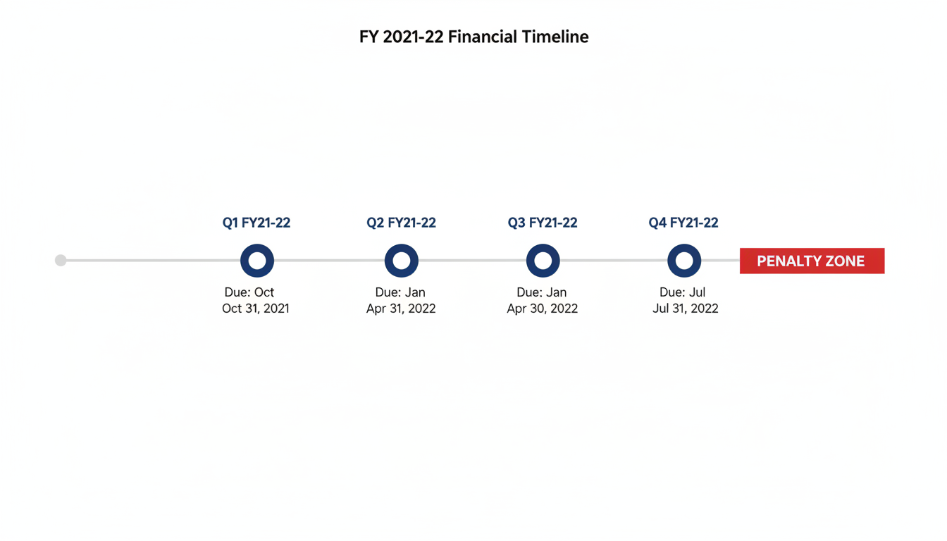TDS Return Filing Due Date for FY 2021-22: Late Filing Guide (2026 Update) 1 tds return filing due date for fy 2021-22 - professional minimalist timeline infographic showing the four quarters of FY 2021-22 with their respective due dates and a red 'penalty zone' starting immediately after