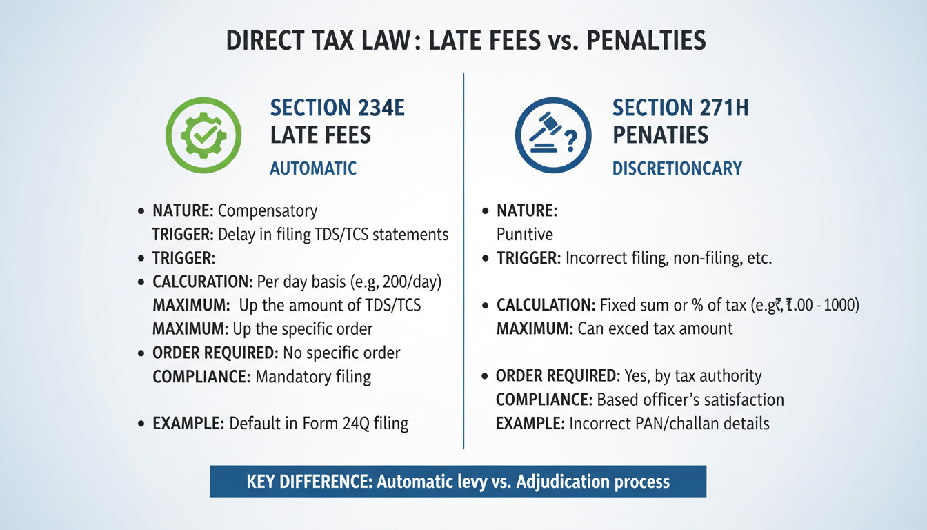 TDS Return Filing Due Date for FY 2021-22: Late Filing Guide (2026 Update) 2 tds return filing due date for fy 2021-22 - detailed comparison chart graphic illustrating the difference between Section 234E Late Fees and Section 271H Penalties with icons for 'Automatic' vs 'Discretionary'