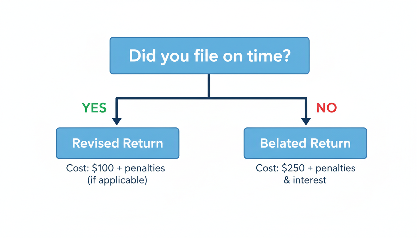 TDS Return Filing Due Date for FY 2021-22: Late Filing Guide (2026 Update) 3 tds return filing due date for fy 2021-22 - flowchart diagram showing the decision tree: 'Did you file on time?' -> Yes/No paths leading to 'Revised Return' or 'Belated Return' with associated costs