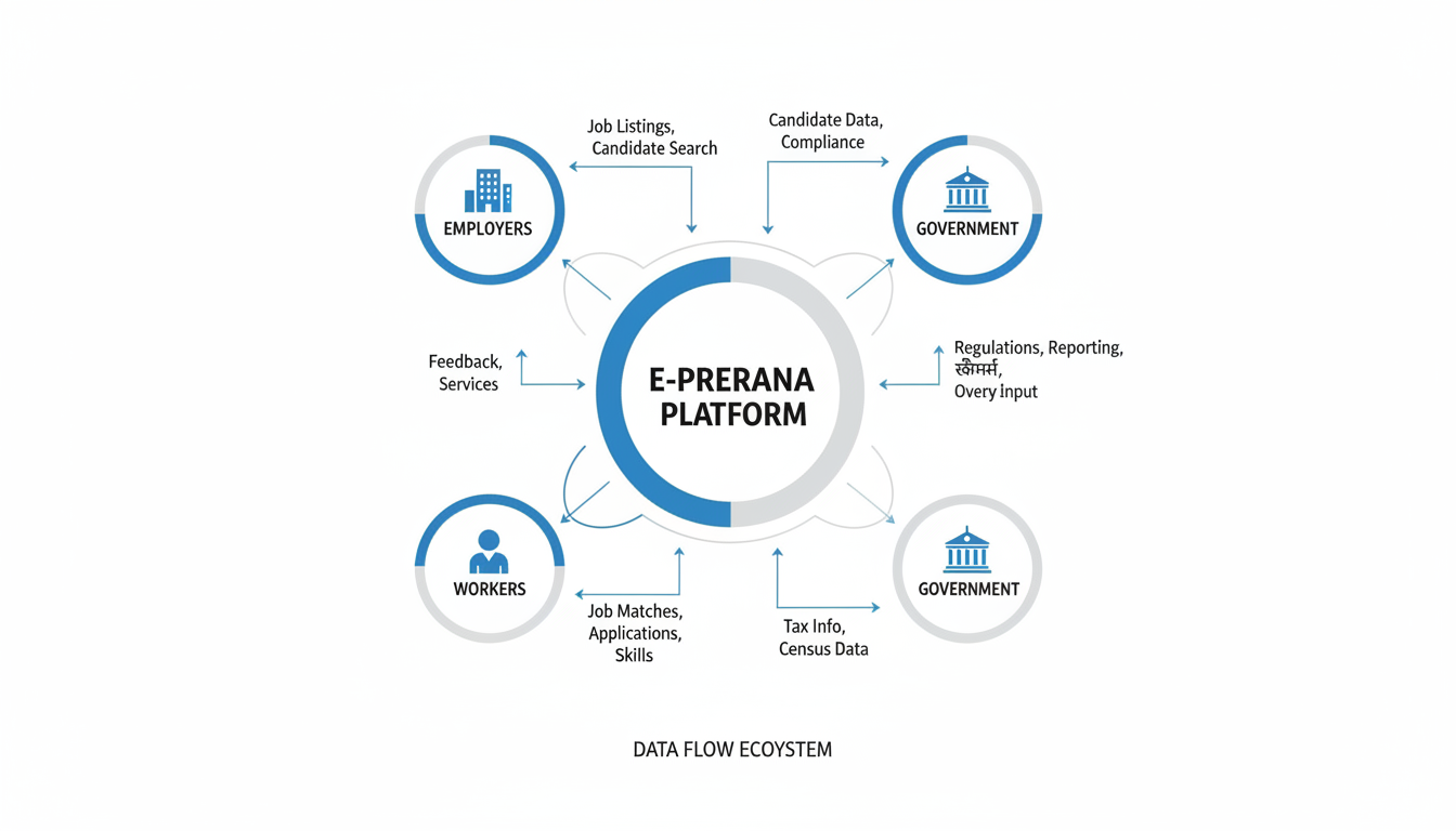 E Prerana portal - professional minimalist infographic showing the ecosystem of E Prerana connecting Employers, Workers, and Government with arrows indicating data flow