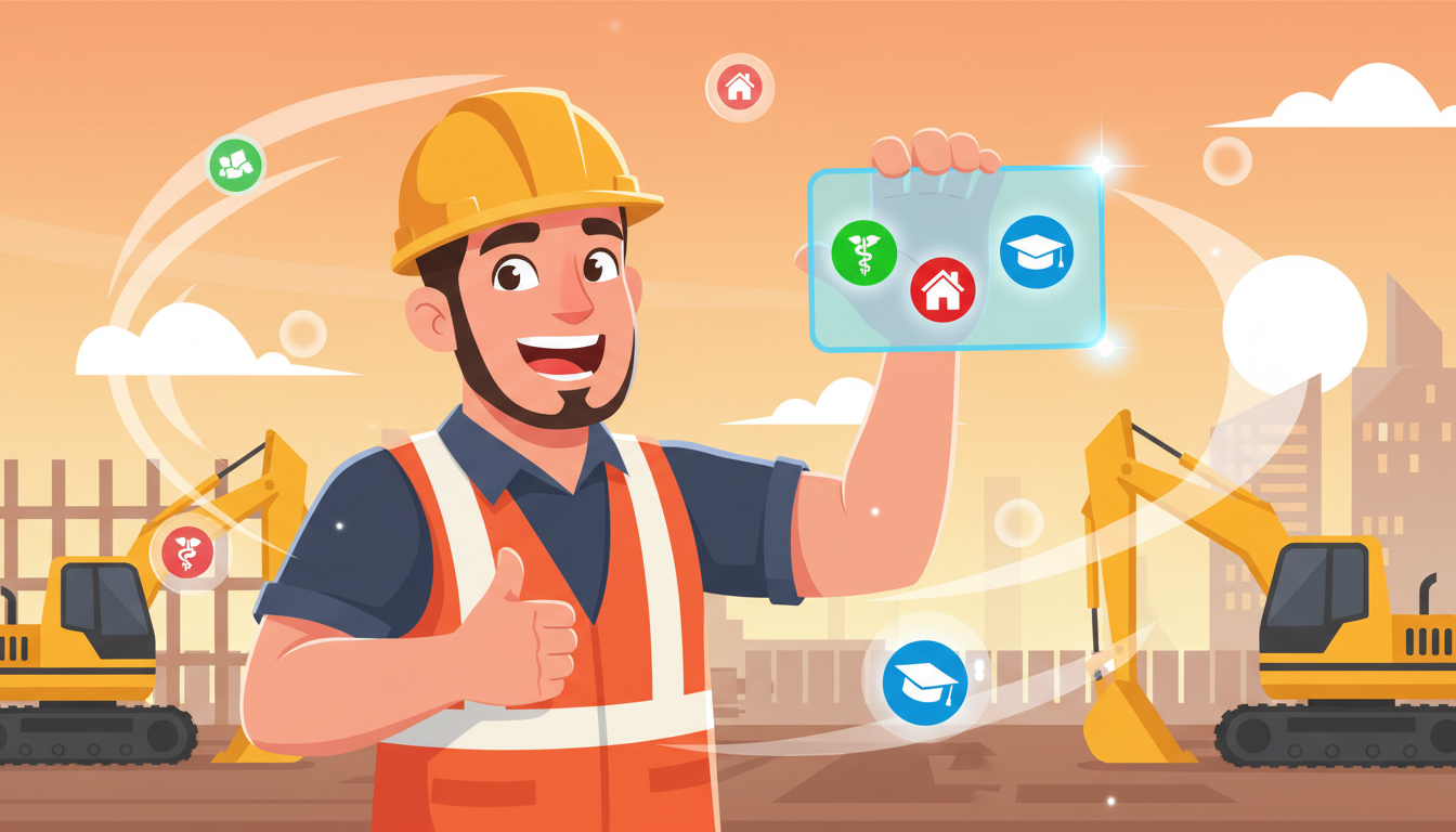 E Prerana portal - illustration showing a happy construction worker holding a digital card with icons of health, education, and housing benefits floating around