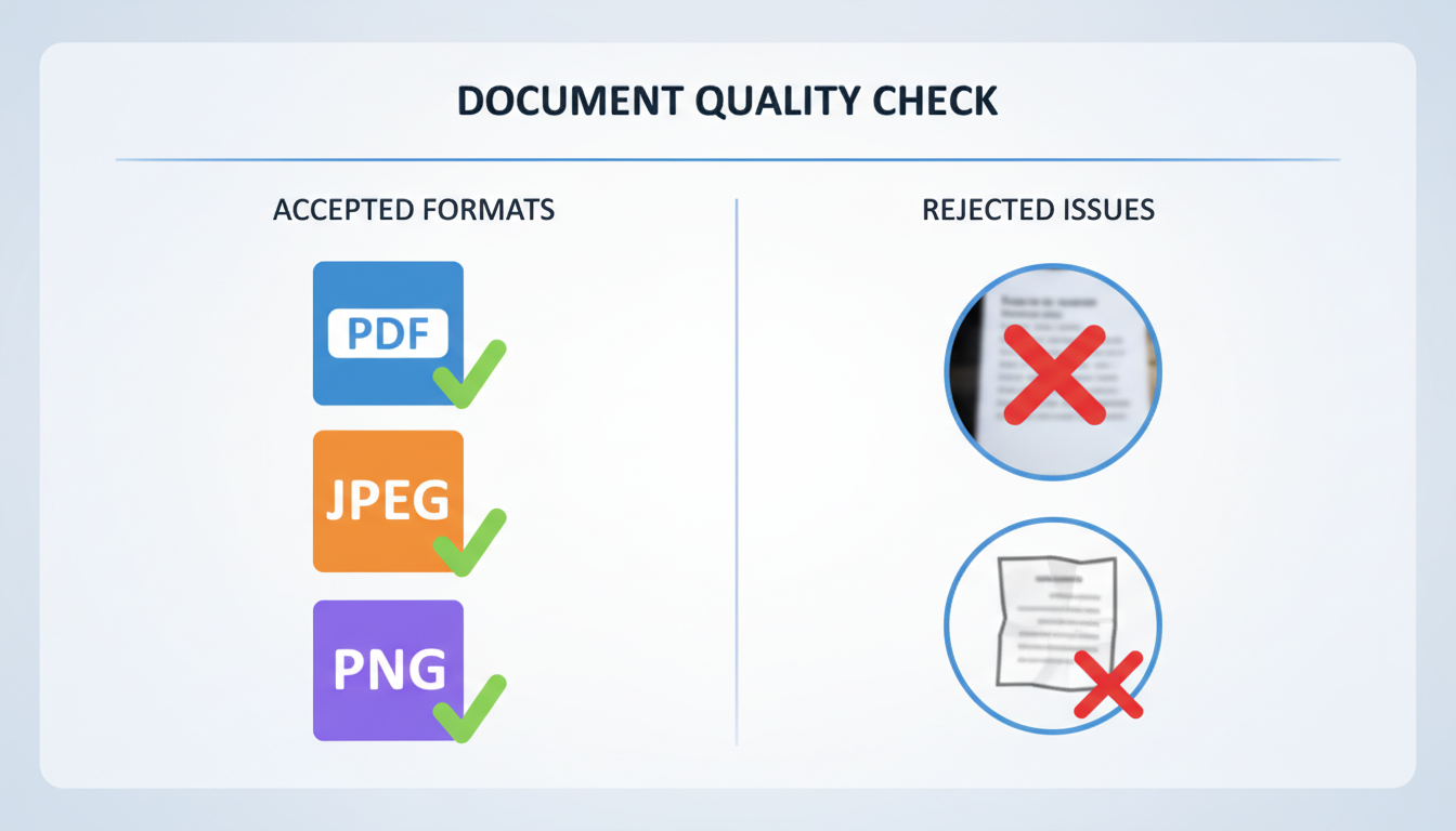 E Prerana portal - detailed checklist graphic showing document icons with green checkmarks for correct formats like PDF/JPEG and red crosses for blurry images